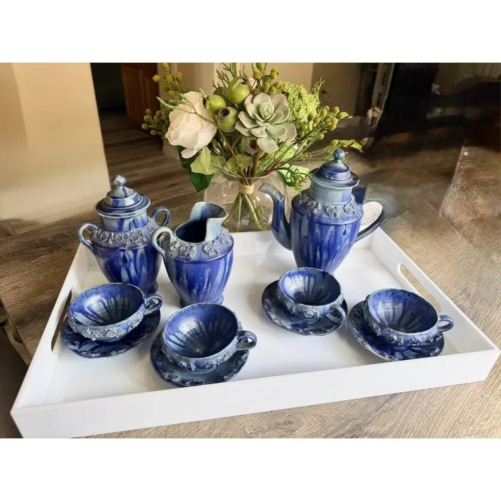 Vintage 1950 Cobalt Blue Ceramic, Exquisite, Delicate, Tea Set - 13 pcs